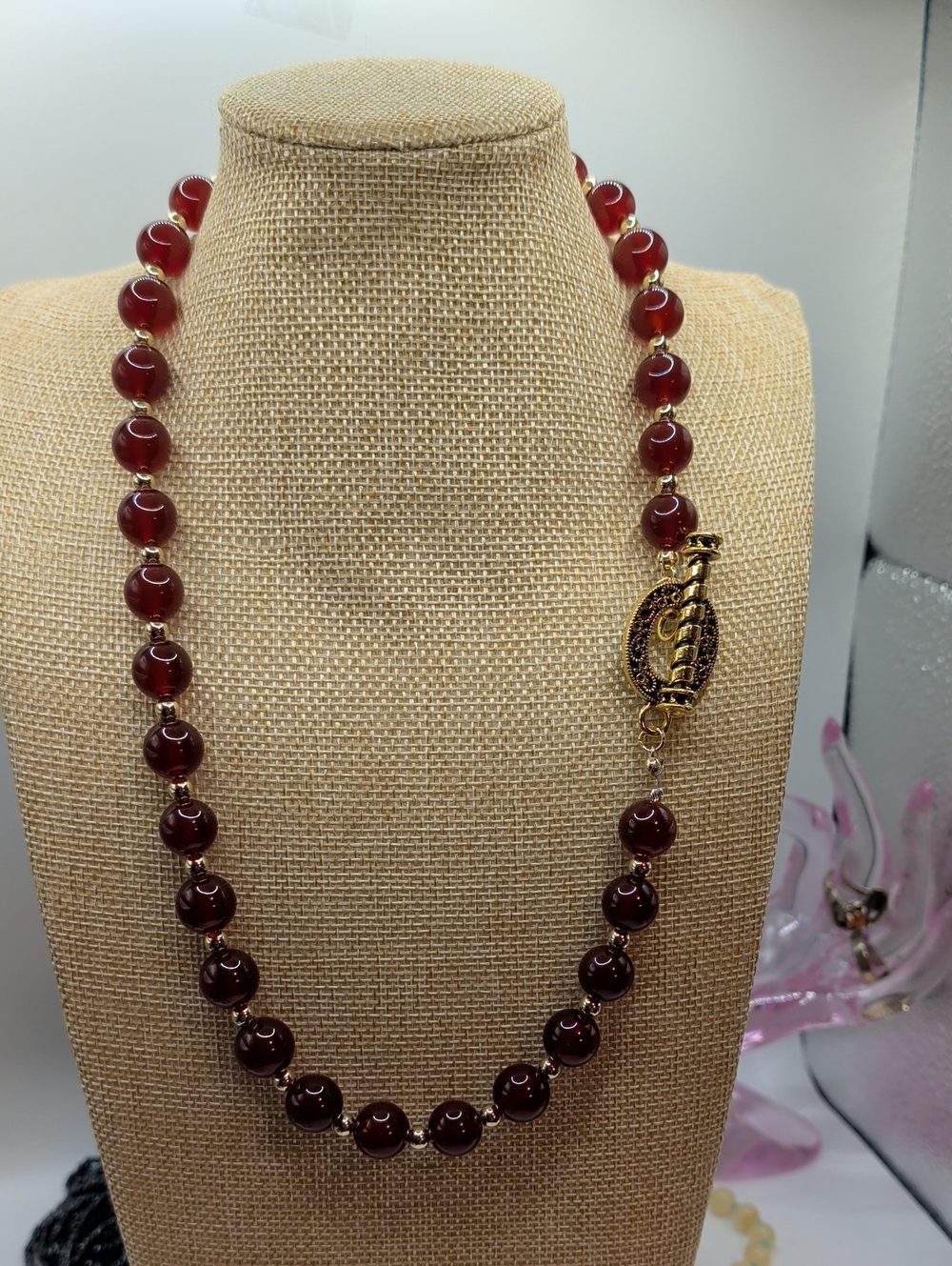 Classic Mahogany Agate Bead Necklace in Deep Red with Gold Toggle And Gold Beads